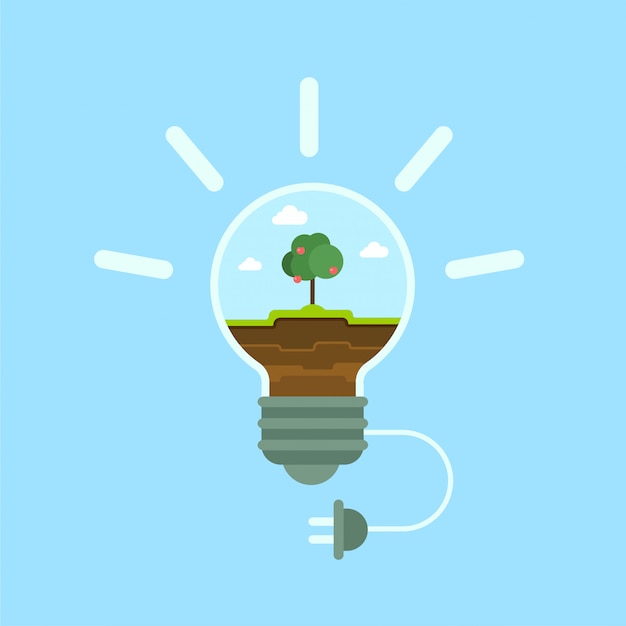 Free vector ecology green alternative eco energy concept flat   illustration. green grass and apple tree inside bulb lamp power supply cord plug.