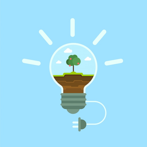 Ecology green alternative eco energy concept flat   illustration. Green grass and apple tree inside bulb lamp power supply cord plug.
