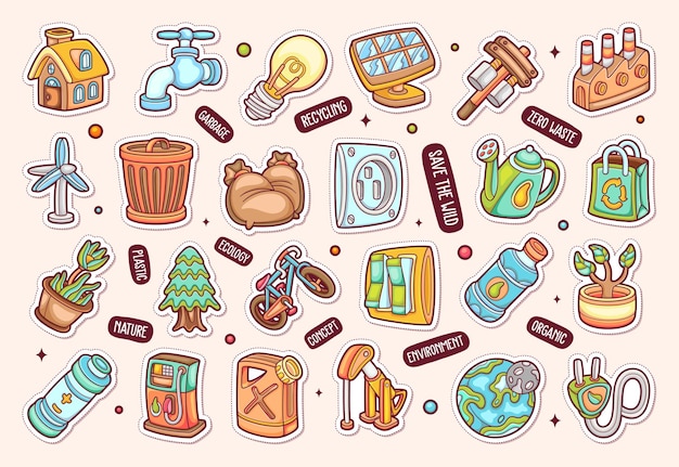 Ecology Items Sticker Icons Hand Drawn Coloring Vector