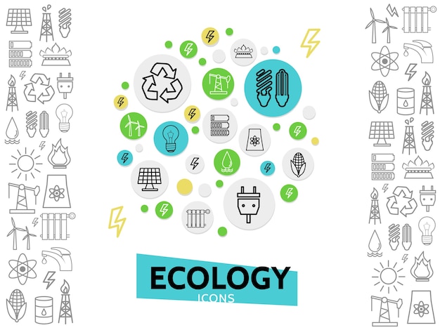 Ecology line icons concept with energy safety eco electricity and environmental outline elements