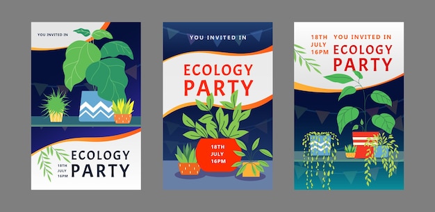 Ecology party invitation cards design set. houseplants, home plants in pots vector illustration with text, time and date samples