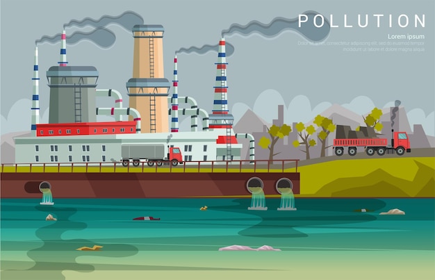 Бесплатное векторное изображение Шаблон баннера загрязнения окружающей среды экологическая угроза опасность плакат по охране природы завод сбрасывает опасные материалы в воду грязный город река иллюстрация