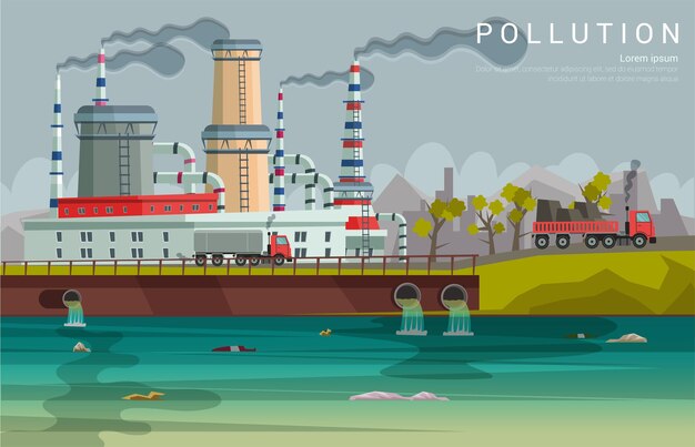 Ecology pollution banner template environmental threat danger Nature protection poster factory dumping hazardous materials in water dirty city river illustration