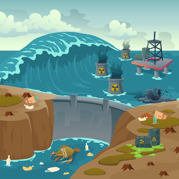 Ecology pollution, oil derrick in polluted ocean and barrels with toxic liquid floating on dirty sea water surface with dam and dying animals, rubbish, ecological problem, Cartoon 