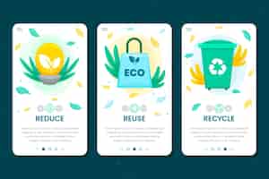 Free vector ecology recycling onboarding app screens