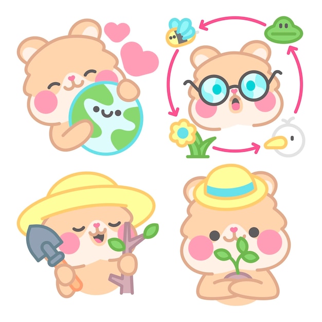 Free vector ecology stickers collection with kimchi the hamster