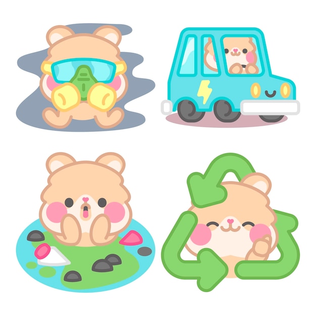 Free vector ecology stickers collection with kimchi the hamster