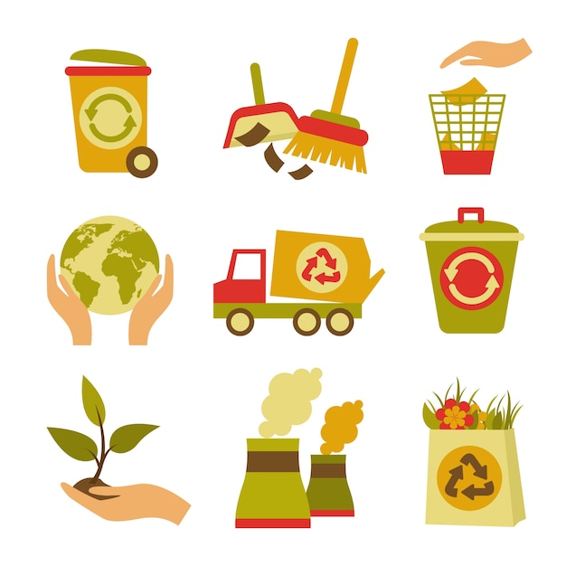 Free vector ecology and waste colored icons set of trash can globe plant isolated vector illustration