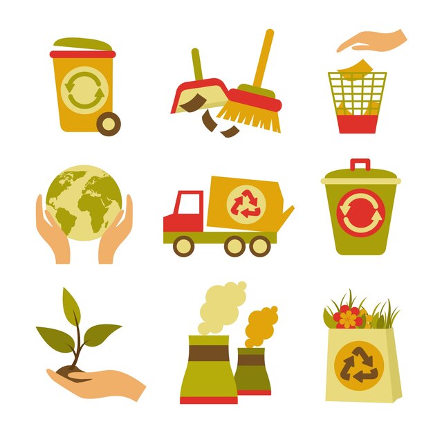 Экология и отходов цветные значки набор мусора может глобус растений изолированных векторных иллюстраций