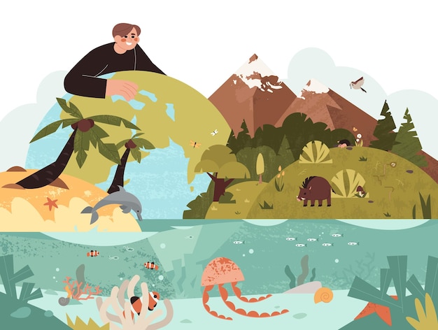 Бесплатное векторное изображение Эколог человек, защищающий биоразнообразие растений, птиц, животных, океанской жизни