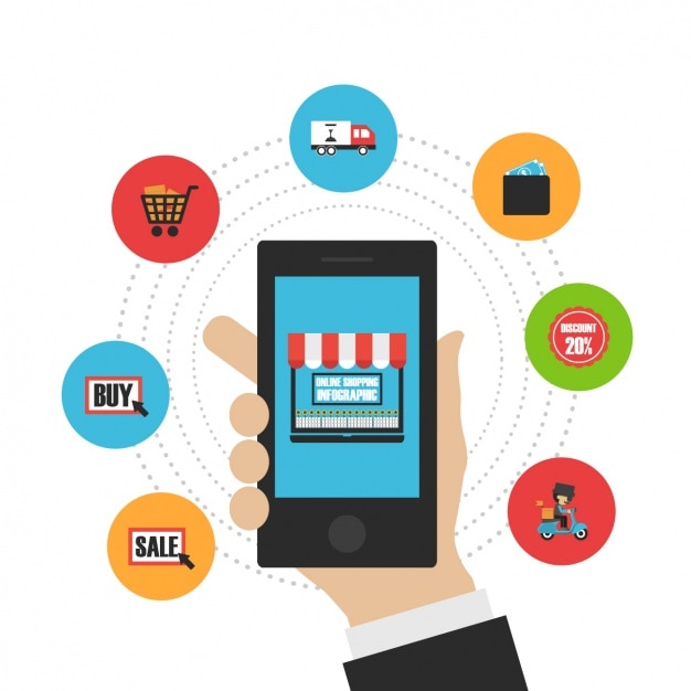 Vettore gratuito infografia-commerce con lo smartphone