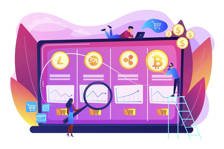 Free Vector economic data analysis, market value calculation. cryptocurrency trading desk, bitcoin futures platform, official crypto exchange services concept.
