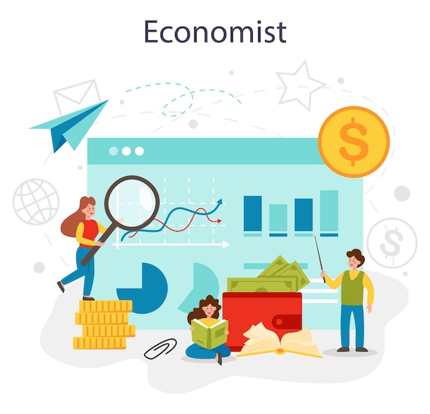Economy school subject concept Student studying economics and budget Idea of global economics investment and foundation Vector illustration in cartoon style
