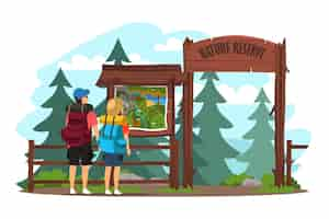 Free vector ecotourism and camp hiking adventure of couple people in forest cartoon woman and man with backpacks trekking outdoor friends standing and looking at map at entrance to park of nature reserve