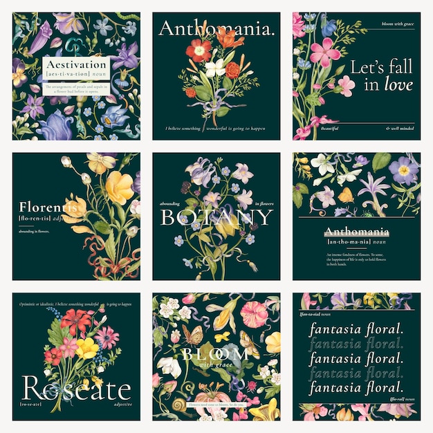Free Vector editable aesthetic floral template vector blog social media post collection
