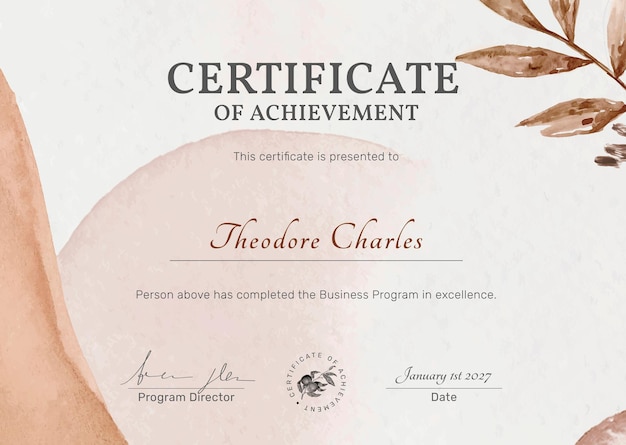 Editable certificate template in feminine botanical design