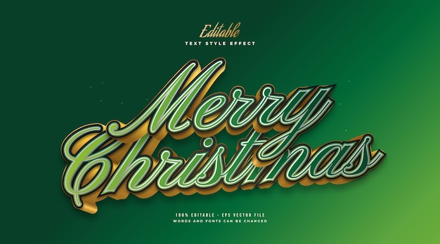 Editable merry christmas text in elegant green and gold style with 3d effect. editable text style effect Premium Vector
