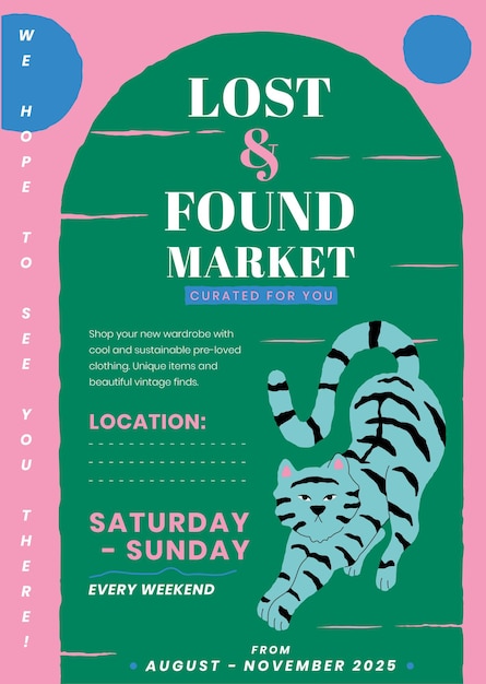 Редактируемый шаблон плаката для потерянных и найденных с милой иллюстрацией животных