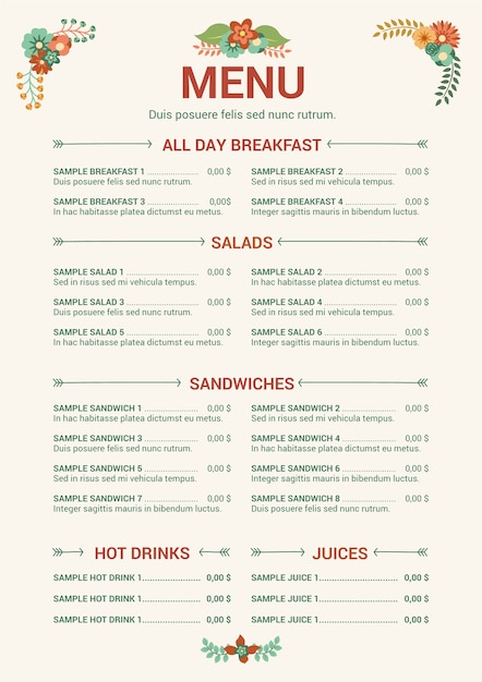 Editable restaurant menu template