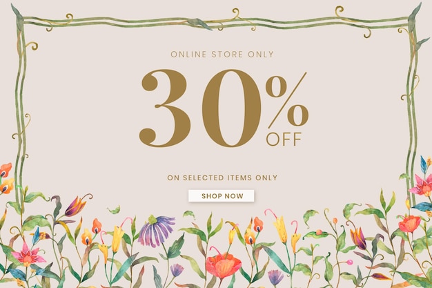 Free vector editable sale banner template with watercolor peacocks and flowers on beige background with 30% off