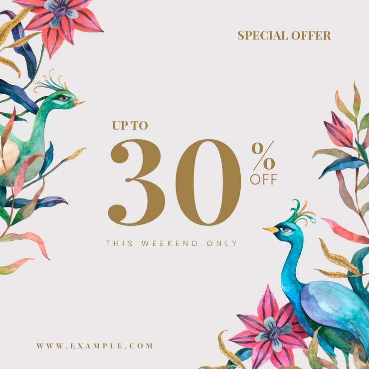 無料Vector 30％オフのテキストで水彩の孔雀と花のイラストと編集可能なショップ広告テンプレートベクトル