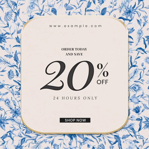 Бесплатное векторное изображение Редактируемый шаблон рекламного объявления магазина с акварельными павлинами и цветами со скидкой 20%