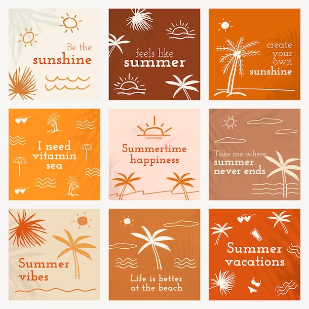 Free vector editable summer templates vector with cute doodle set for social media post