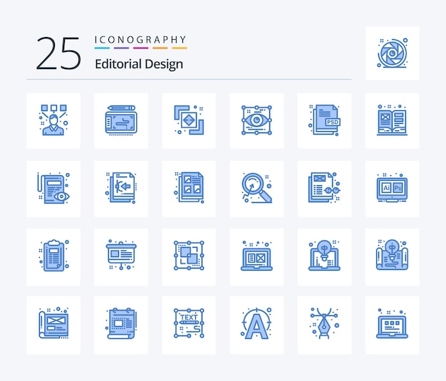 エディトリアル デザイン 25 ブルー カラー アイコン パックには、クリエイティブな外観の違いアイアートが含まれます