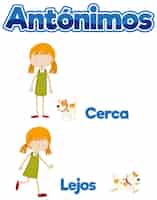 Free vector education antonyms near and far in spanish language near and far