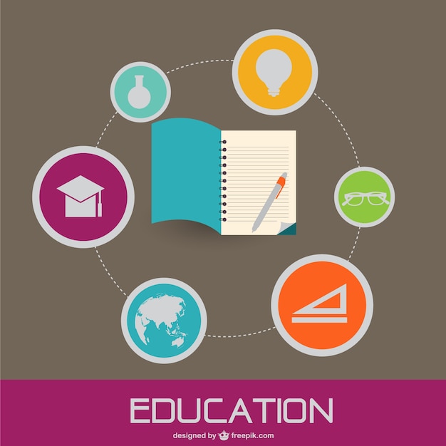 Free vector education background with school elements surrounding a notebook