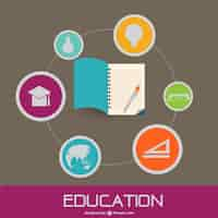 Free vector education background with school elements surrounding a notebook