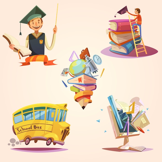 Free vector education cartoon retro set