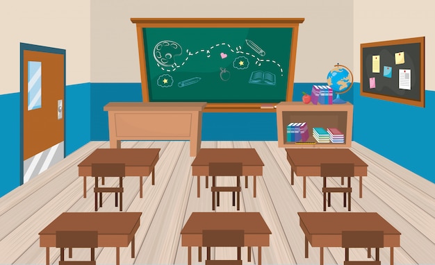 Education classroom with desks and books with blackboard