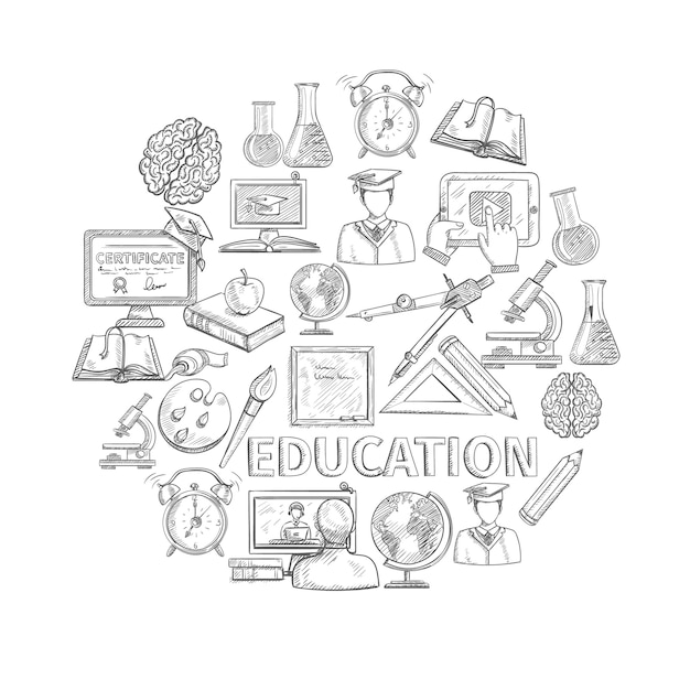 Education concept sketch with school and university study icons 