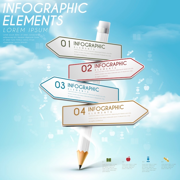 Education infographic template design with pencil and road sign elements