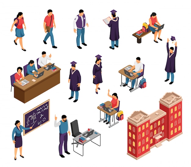 Education isometric characters set with private tutors university college students professors teachers lectures graduation building isolated vector illustration