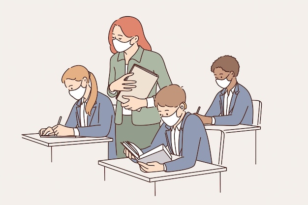 Education and learning during quarantine concept. group of pupils and young woman teacher in protective medical masks during lesson in classroom vector illustration