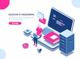 Free vector education of programming, young man work on laptop, online learning and internet course