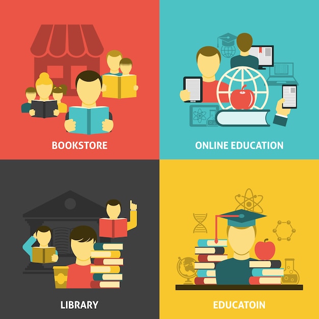 Free vector education reading flat icons square banner