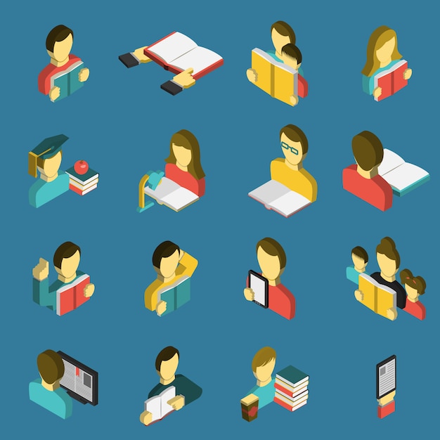 Free vector education reading isometric icons set