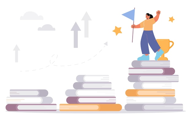 Education reading self development concept Woman with flag in hand stand on top of books pile Student female character learning studying goal achievement exam Linear flat vector illustration