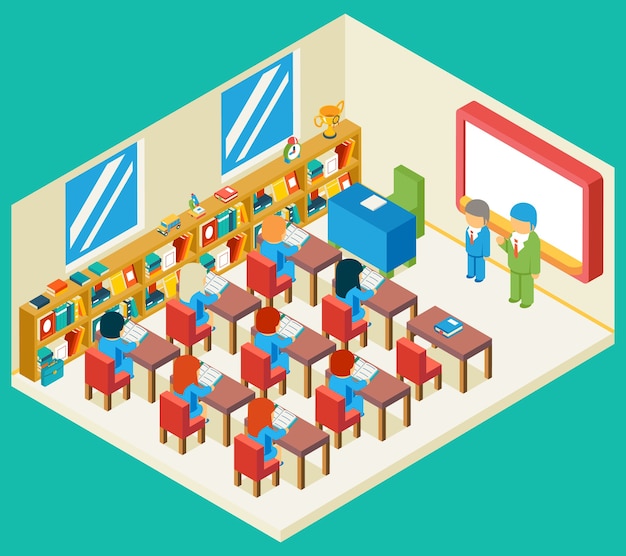 Education and school class isometric 3d concept. bookshelf and teacher, pupil and isometric people, classroom and children,