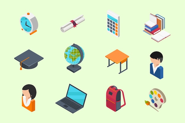 Free vector education and school isometric 3d icons set in flat style