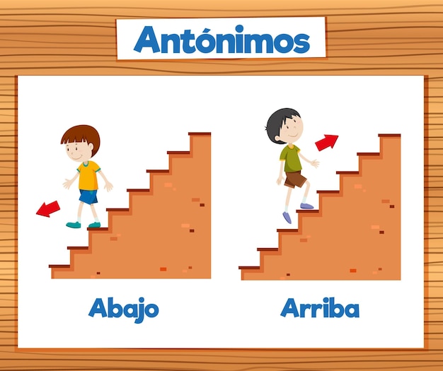 Free vector educational antonyms spanish picture word card abajo and arriba means up and down