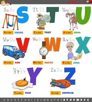 Educational cartoon alphabet letters for kids set from s to z