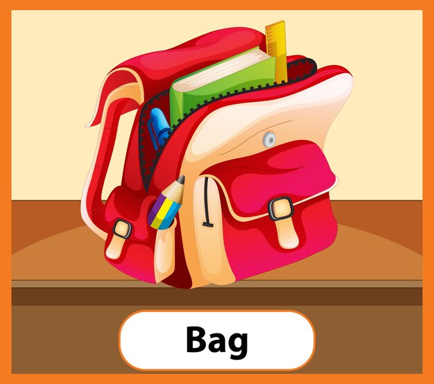 Educational english word card of school bag