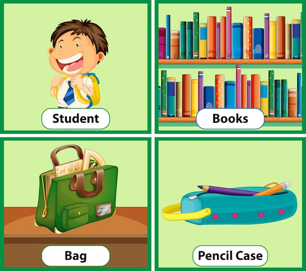 Educational english word card of school objects set