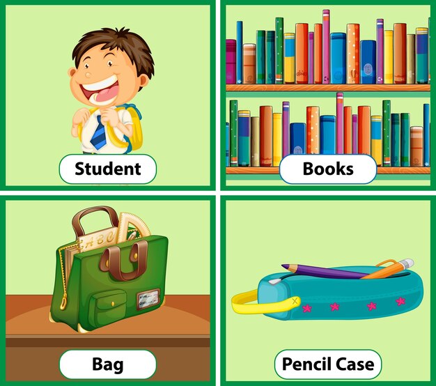 Educational English word card of School objects set