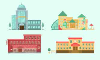 Free vector educational institutions cartoon illustration set. front view of high and elementary school, university, kindergarten and school of modern art. building entrance concept