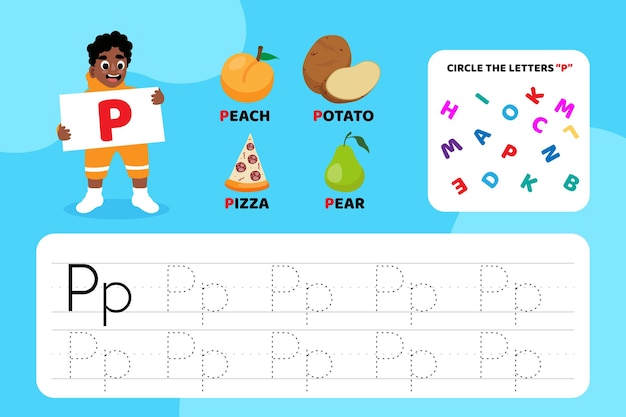 Educational letter p worksheet with illustrations